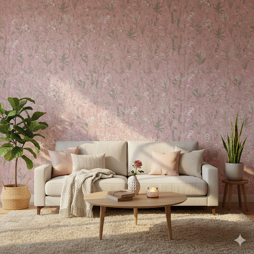 Roosa roheliste lilledega retro tapeet, isekleepuv, peel&stick niiskuskindel.