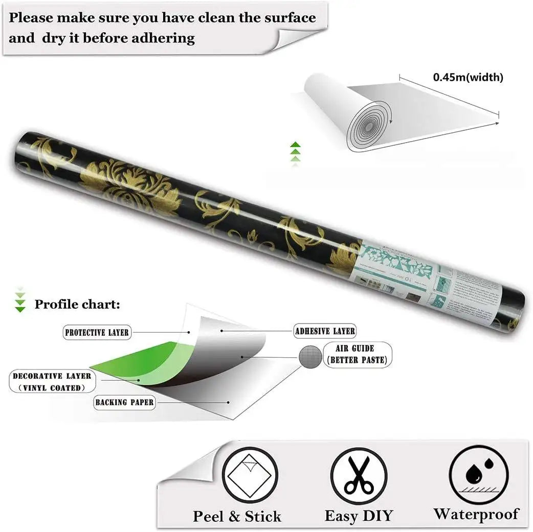 Peel & Stick musta ja kuldsega stiilne vinüültapeet